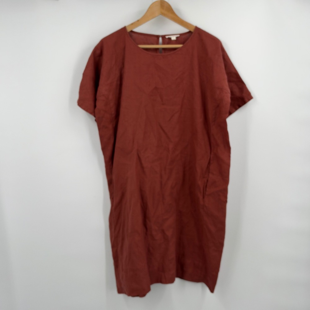 Eileen Fisher Organic Linen Shift Dress Rust Red Short Sleeve Pockets XS OLA